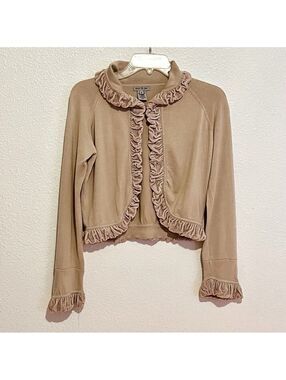 Mac & Jac Cream Silk Velvet Blend Ruffled Dusty Pink Collar Knit Cardigan M